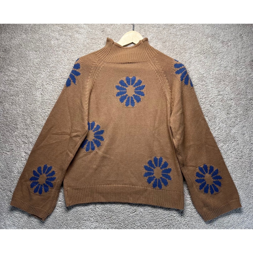 Brown Mock Neck Sweater Blue Floral Print‎ Long Sleeve Knit Boho Cottage Size S - Picture 2 of 10